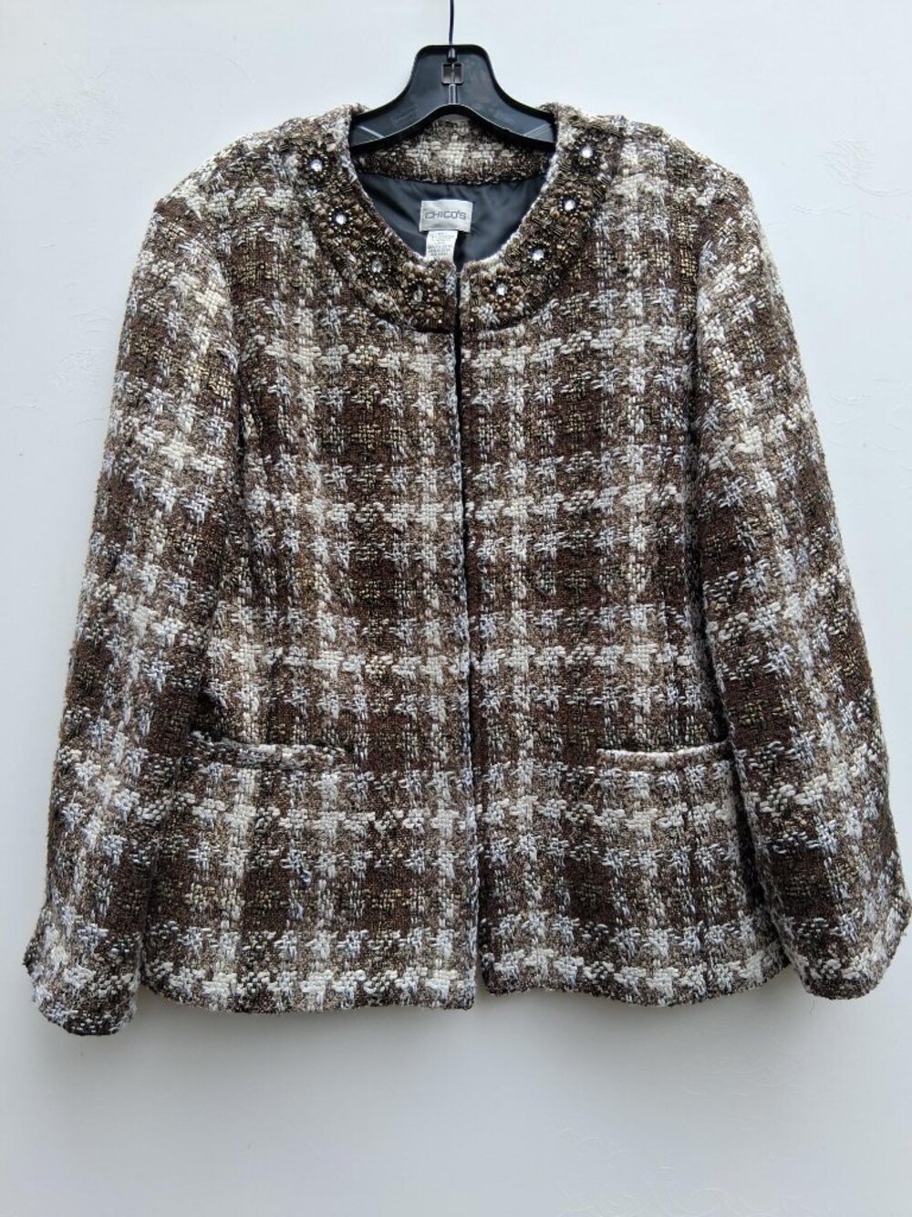 Chico’s women tweed jacket/blazer, brown white shimmer beaded trim (size L)